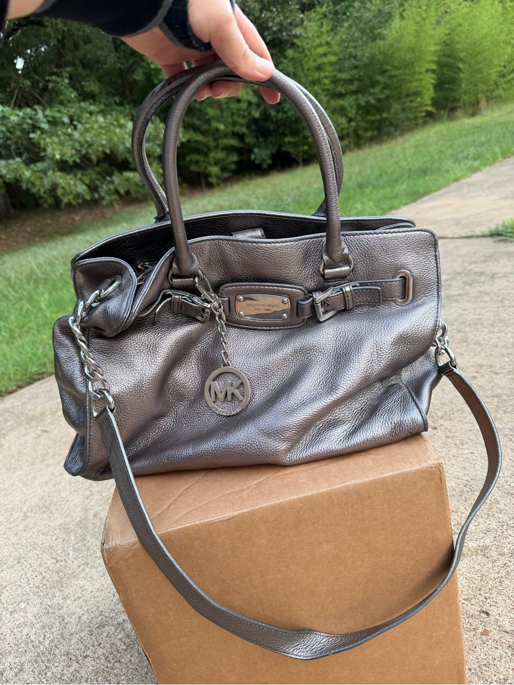 Michael Kors Pewter Metallic Leather Satchel with Detachable Strap